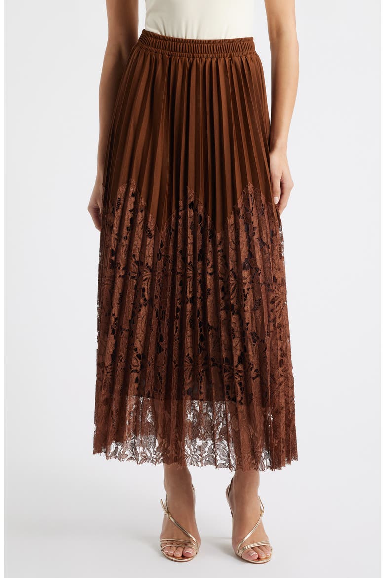Sigrid Mixed Media Pleated Skirt, Main, color, BROWN