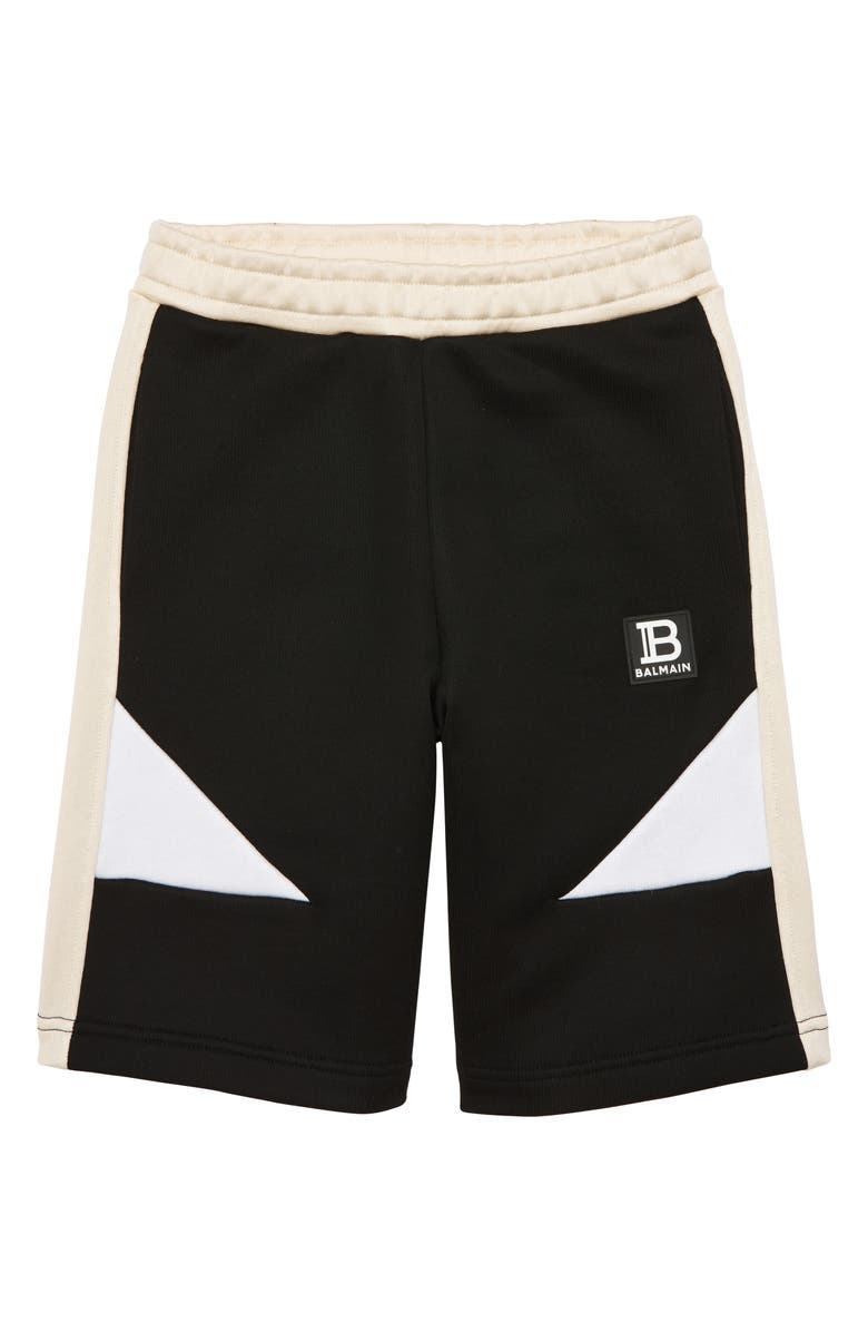 Balmain Kids' B Logo Colorblock Cotton Blend Sweat Shorts, Main, color, 