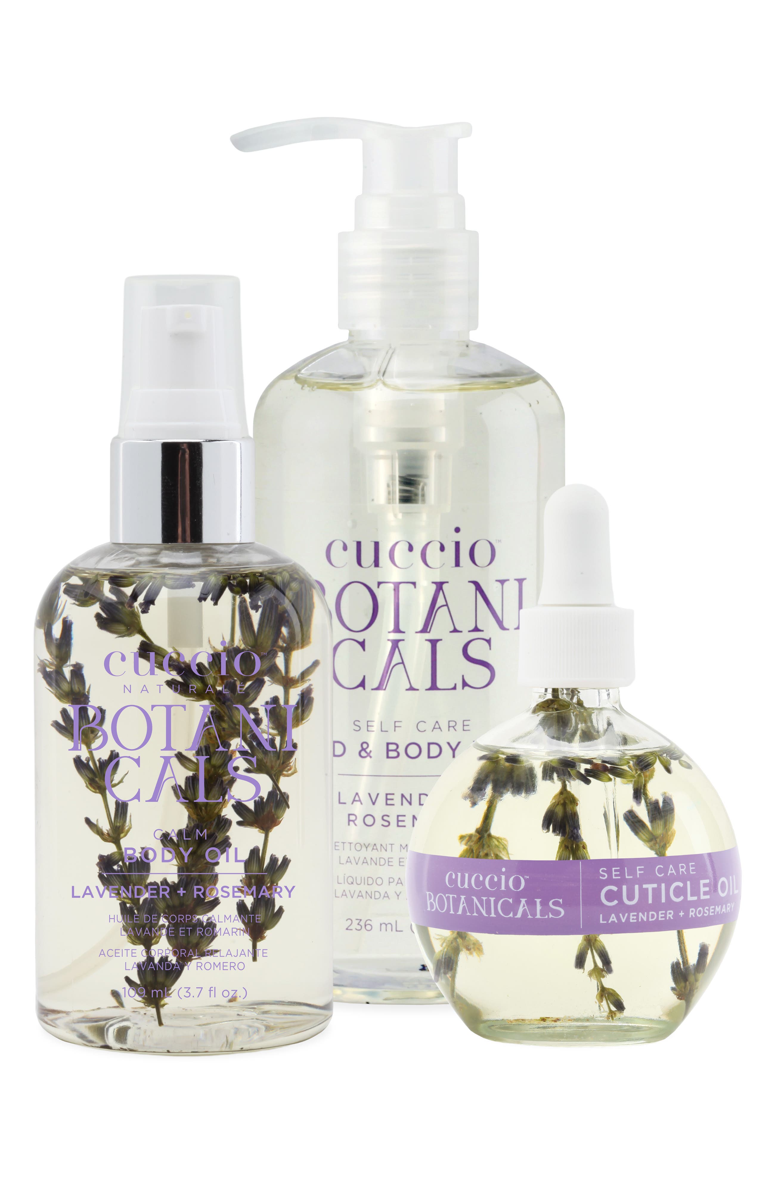 Cuccio Botanicals Lavender + Rosemary Body Care Essentials Starter Set in Clear Bottles With Purple Writ 