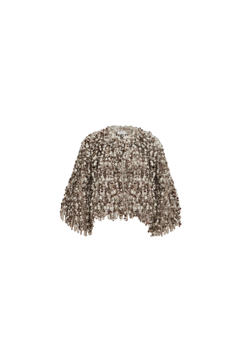 Dazzling twist embroidery cardigan in mohair and wool, Alternate, color, Brown