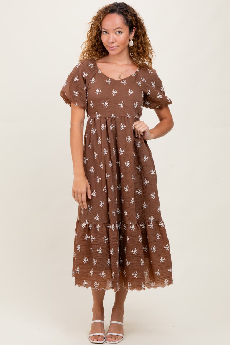 Floral Embroidered Tiered Midi Dress, Main, color, Brown