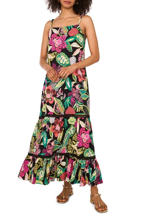 Floral Ladder Stitch Inset Tiered Maxi Dress