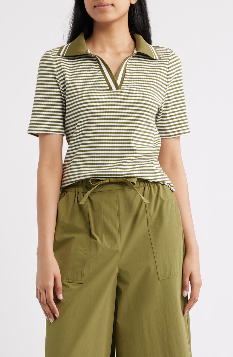Bernardo Stripe Johnny Collar Polo, Main, color, Cream / Fir Green