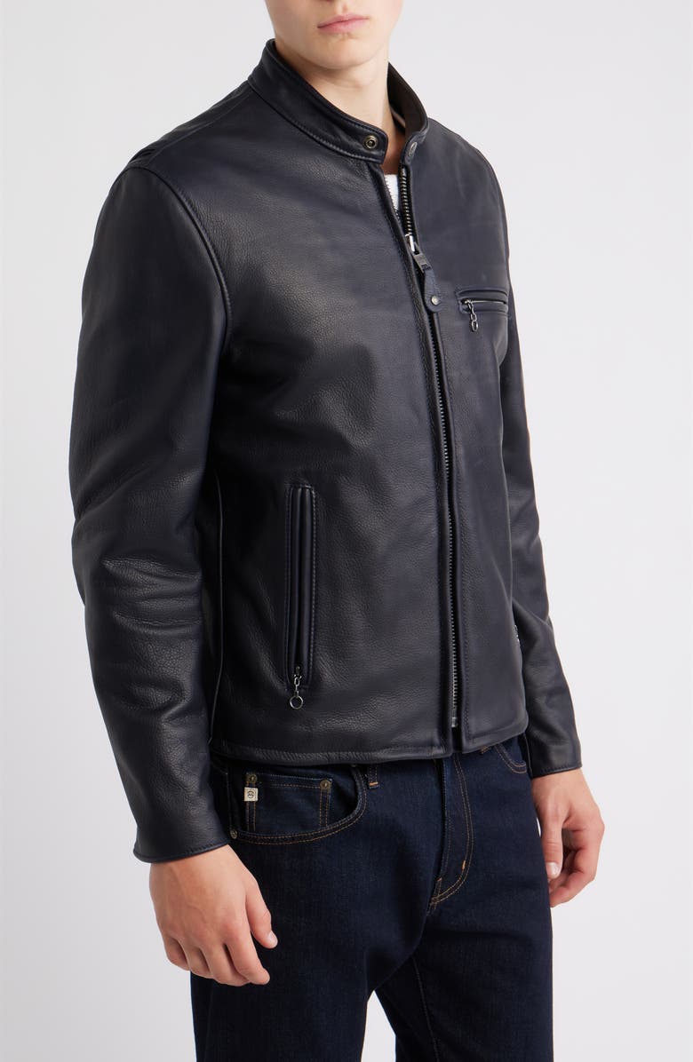 Schott NYC Café Racer Oil Tanned Leather Moto Jacket, Alternate, color, Dark Navy