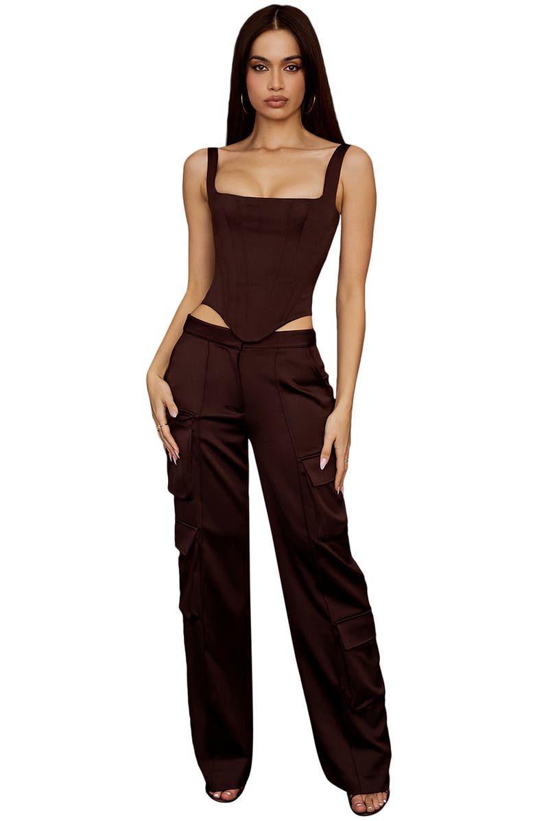 HOUSE OF CB Daria Satin Cargo Trousers, Alternate, color, Chocolate