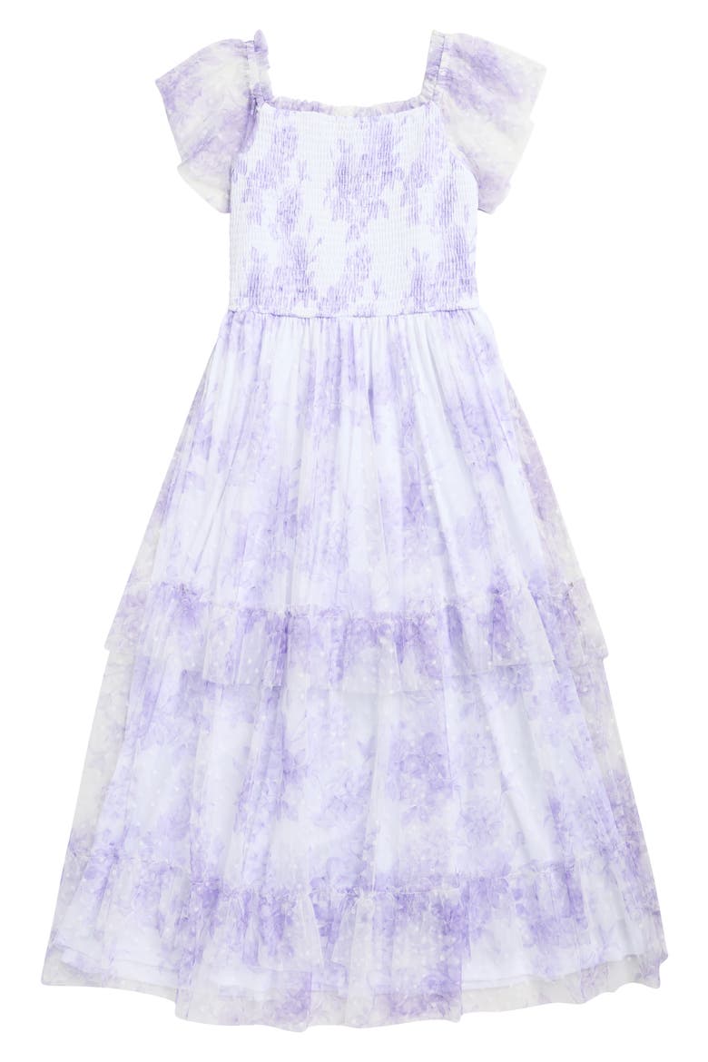 Kids' Smocked Clip Dot Tiered Dress, Main, color, LILAC