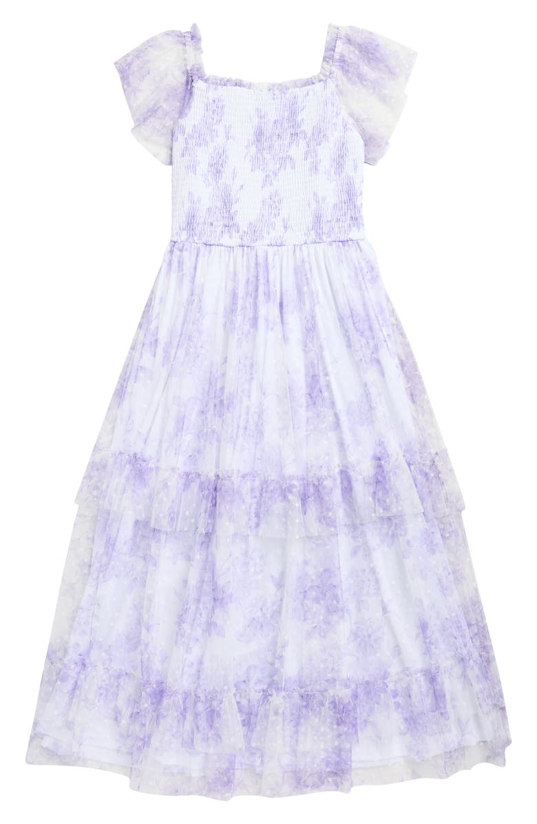 Rare Editions Kids' Smocked Clip Dot Tiered Dress, Main, color, Lilac