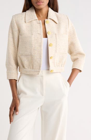 L'AGENCE Jia Sequin Embellished Tweed Crop Jacket in Ecru Multi Color Sequin Tweed at Nordstrom Rack, Size 0