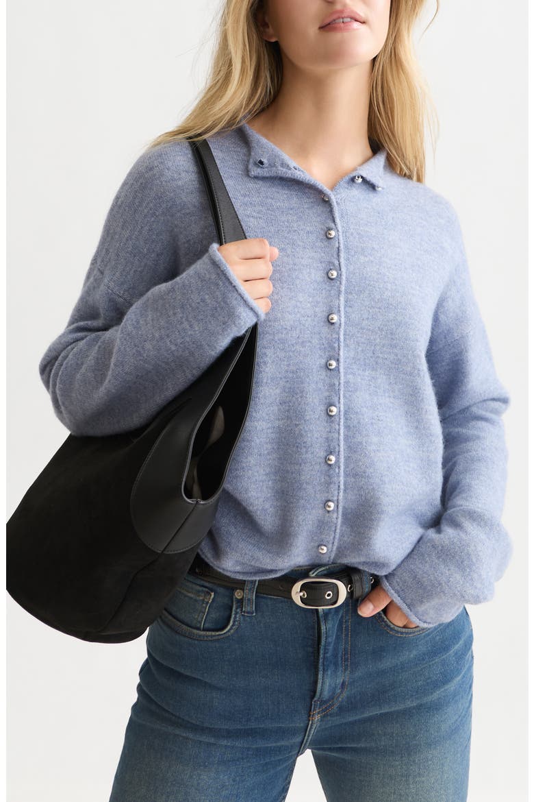 Fuzzy Funnel Neck Cardigan, Main, color, STONEWASH MELANGE