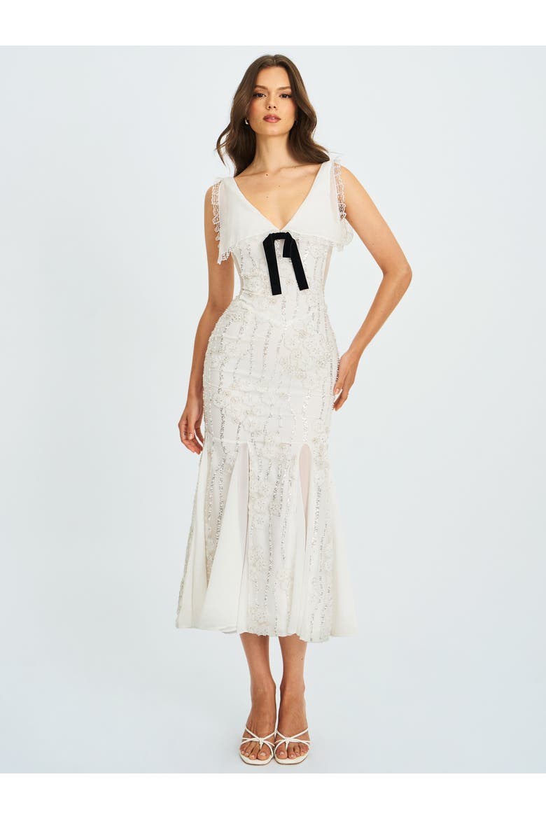 Paola Peter Pan Collar Beaded Sequin Mermaid Midi Dress, Main, color, White