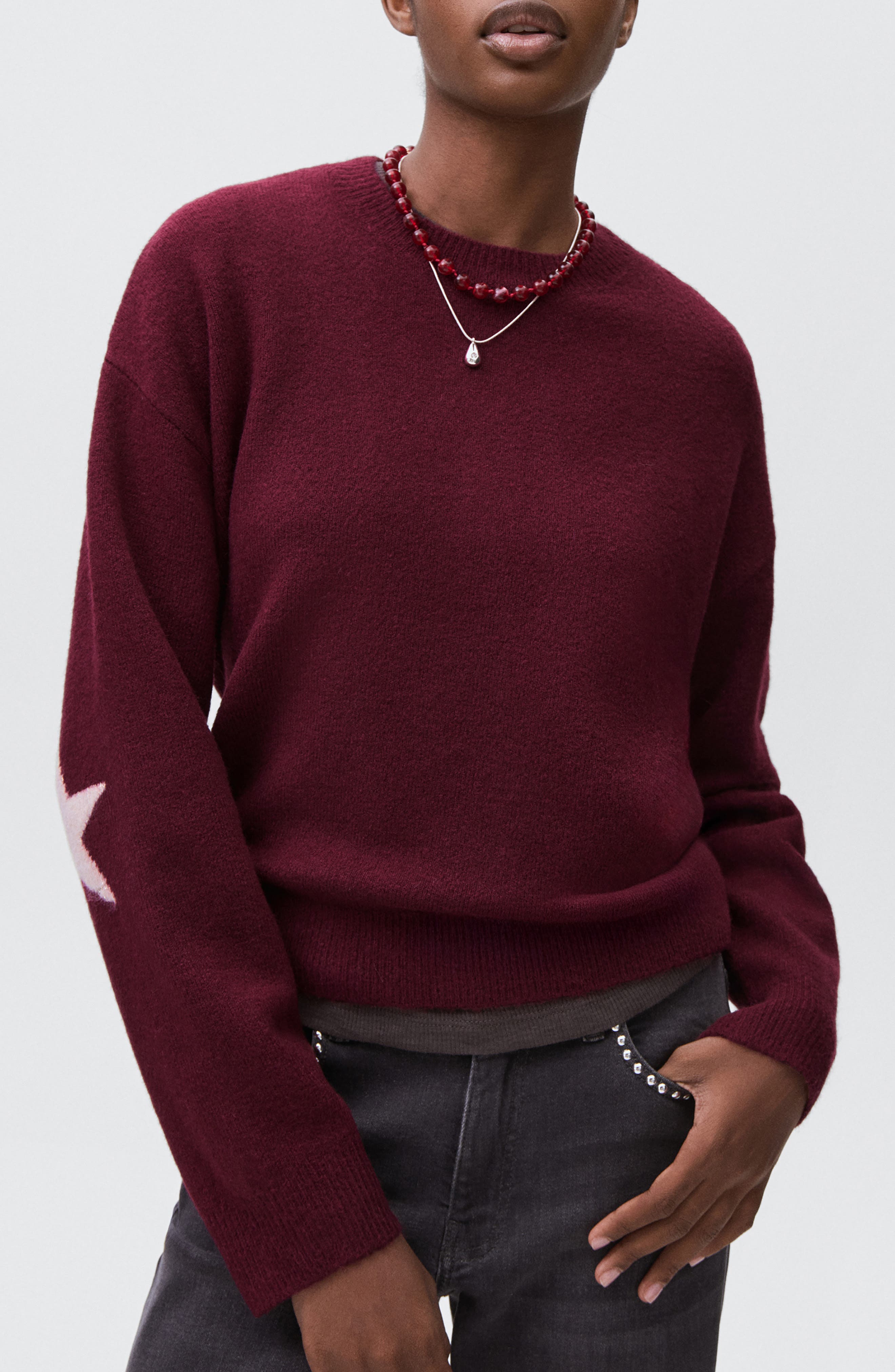 Mango Teen Star Crewneck Sweater In Burgundy