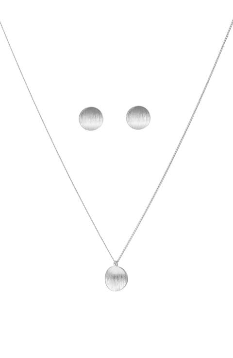 Sterling Silver 18k Gold Plated Madeleine Round Disc Pendant Necklace & Stud Earrings Set