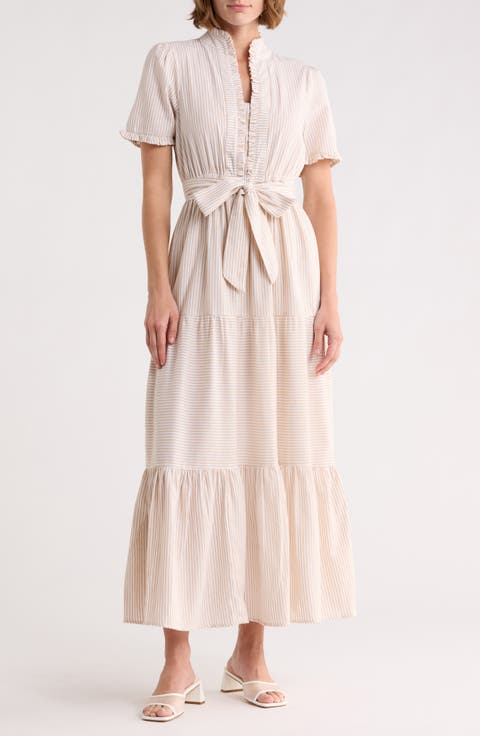 Stripe Short Sleeve Cotton Seersucker Maxi Dress