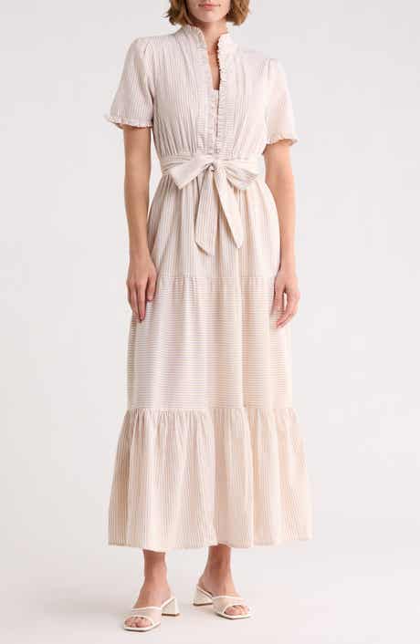 London Times Stripe Short Sleeve Cotton Seersucker Maxi Dress