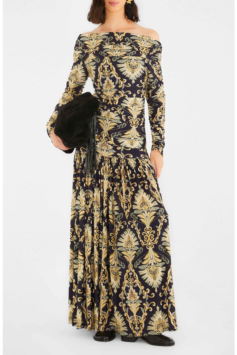 Wonderful Arabbesque Off the Shoulder Long Sleeve Maxi Cocktail Dress, Main, color, WONDERFUL ARABESQUE