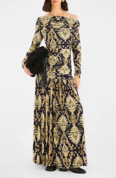 Wonderful Arabbesque Off the Shoulder Long Sleeve Maxi Cocktail Dress