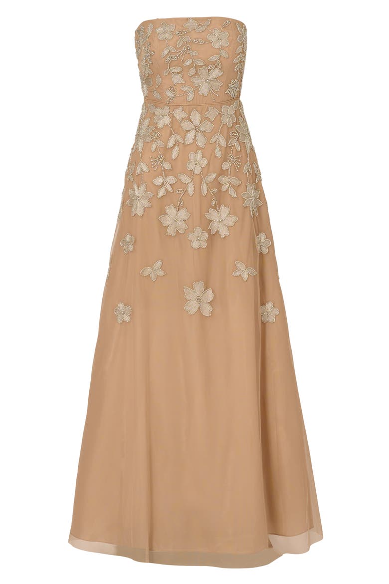 Beaded Strapless Mesh Fit & Flare Ballgown, Alternate, color, TAUPE/ PINK