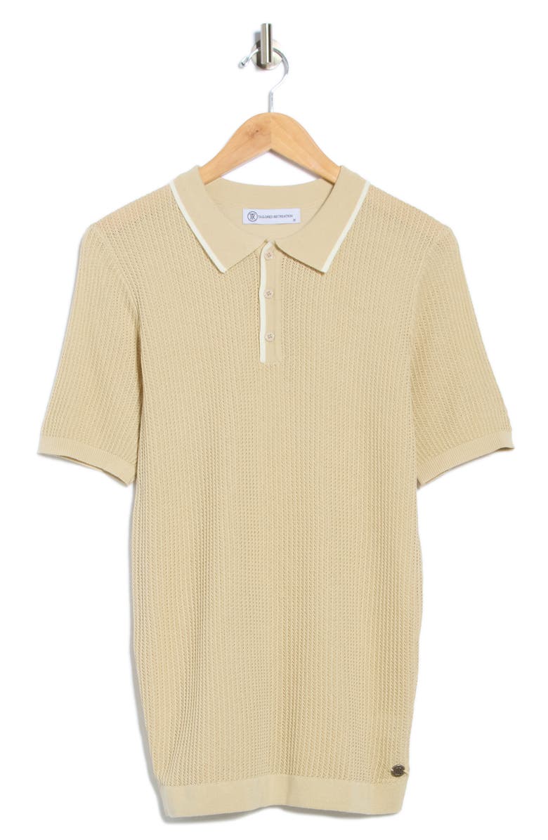 T.R. PREMIUM Tipped Open Knit Short Sleeve Polo Sweater, Alternate, color, Tan Melange