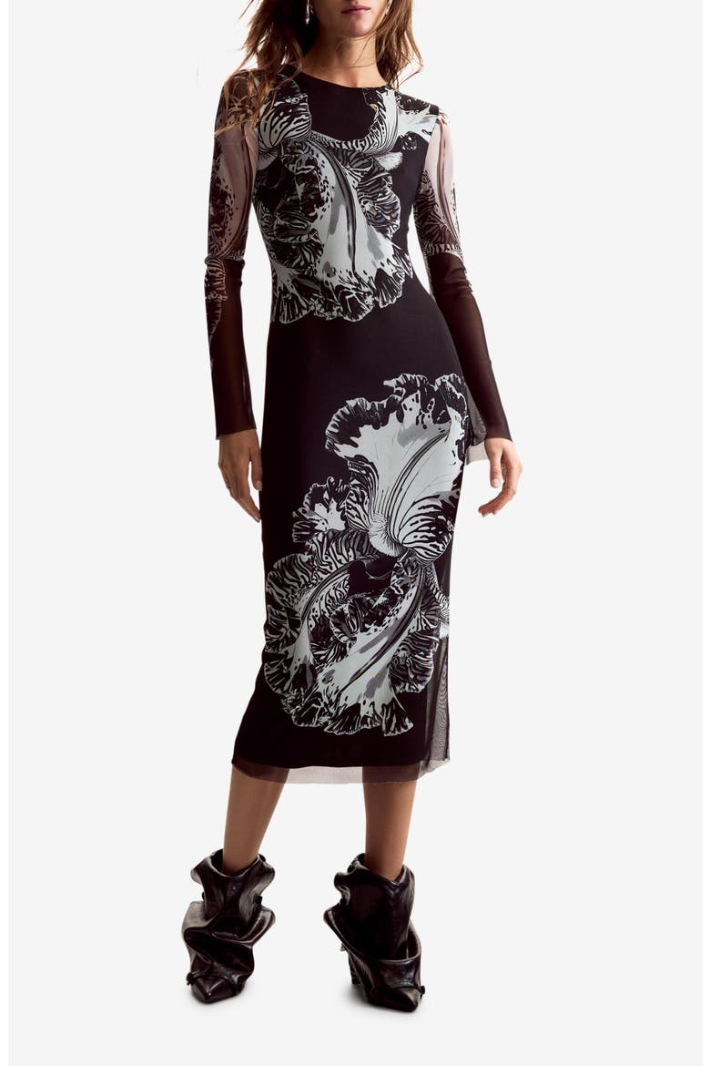 Floral Print Long Sleeve Midi Dress, Main, color, BLACK