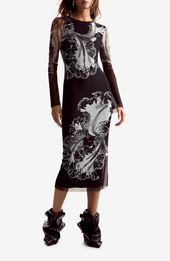 Floral Print Long Sleeve Midi Dress