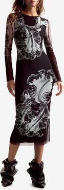 Desigual Floral Print Long Sleeve Midi Dress