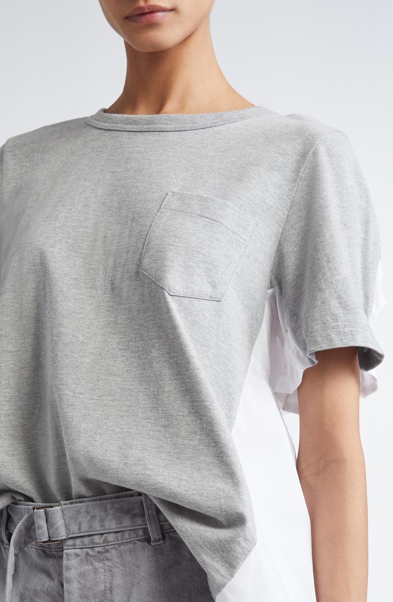 Sacai Mixed Media Poplin & Jersey Top, Alternate, color, L/ Gray/ Off White 378