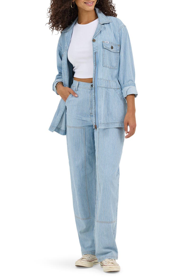 Military Oversize Stripe Cotton Denim Jacket, Alternate, color, MID RAILROAD