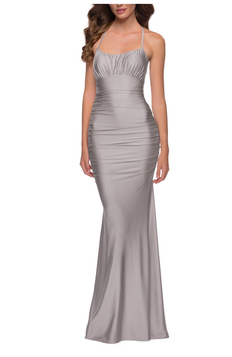 La Femme On Trend Jersey Long Dress with Ruching on Bodice, Main, color, Silver