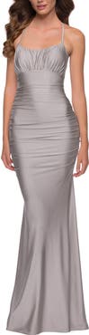 La Femme On Trend Jersey Long Dress with Ruching on Bodice