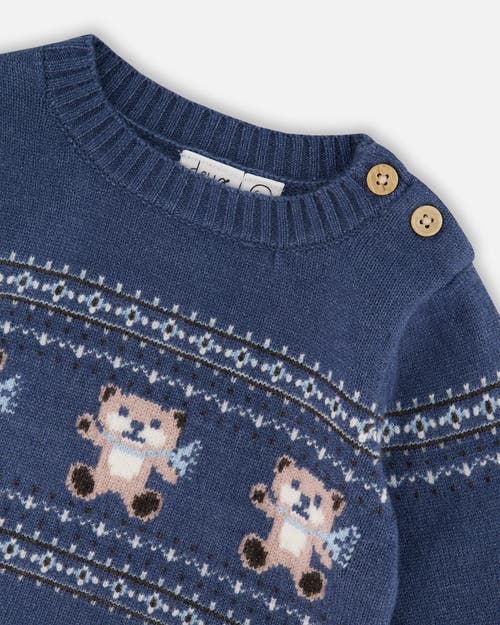 Deux Par Deux Knitted Jacquard Sweater And Pant Set With Bears In Blue