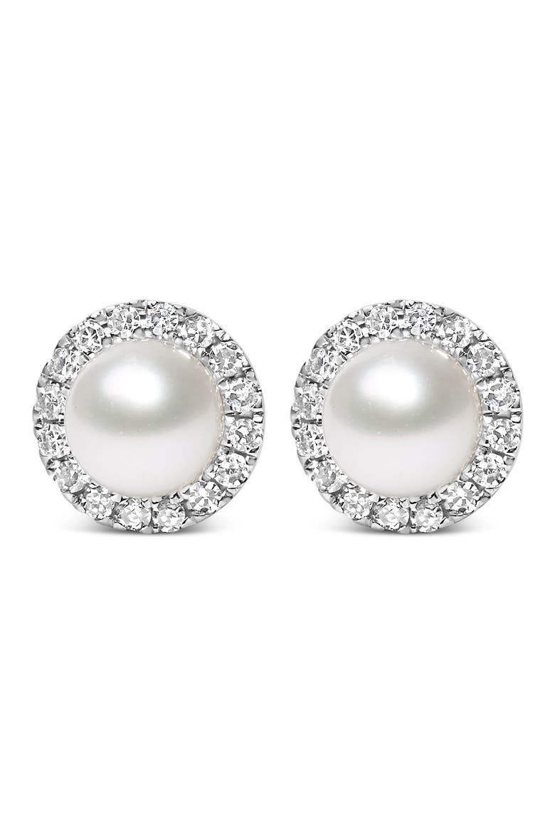 10K White Gold Pearl & 1/7 Cttw Diamond Halo Stud Earring, Main, color, White