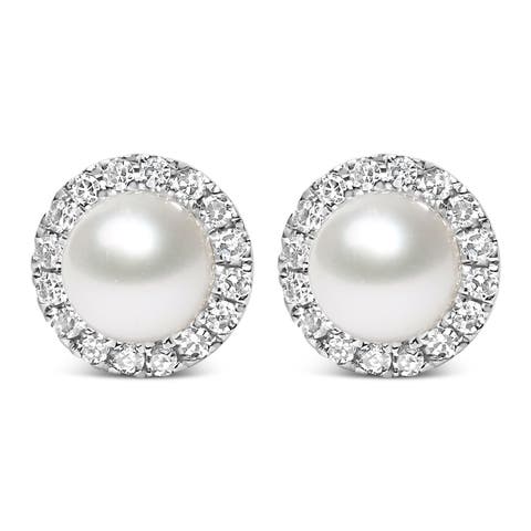 10K White Gold Pearl & 1/7 Cttw Diamond Halo Stud Earring