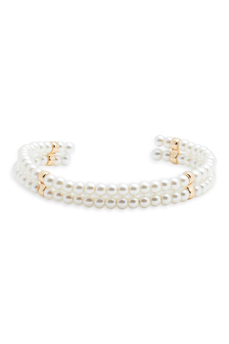 Faux Pearl Flexible Cuff Bracelet, Main, color, WHITE- GOLD