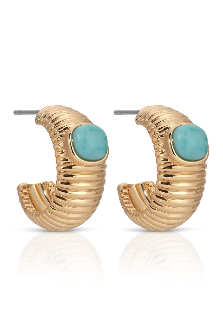 Semiprecious Stone Hoop Earrings, Alternate, color, TURQUOISE/ GOLD