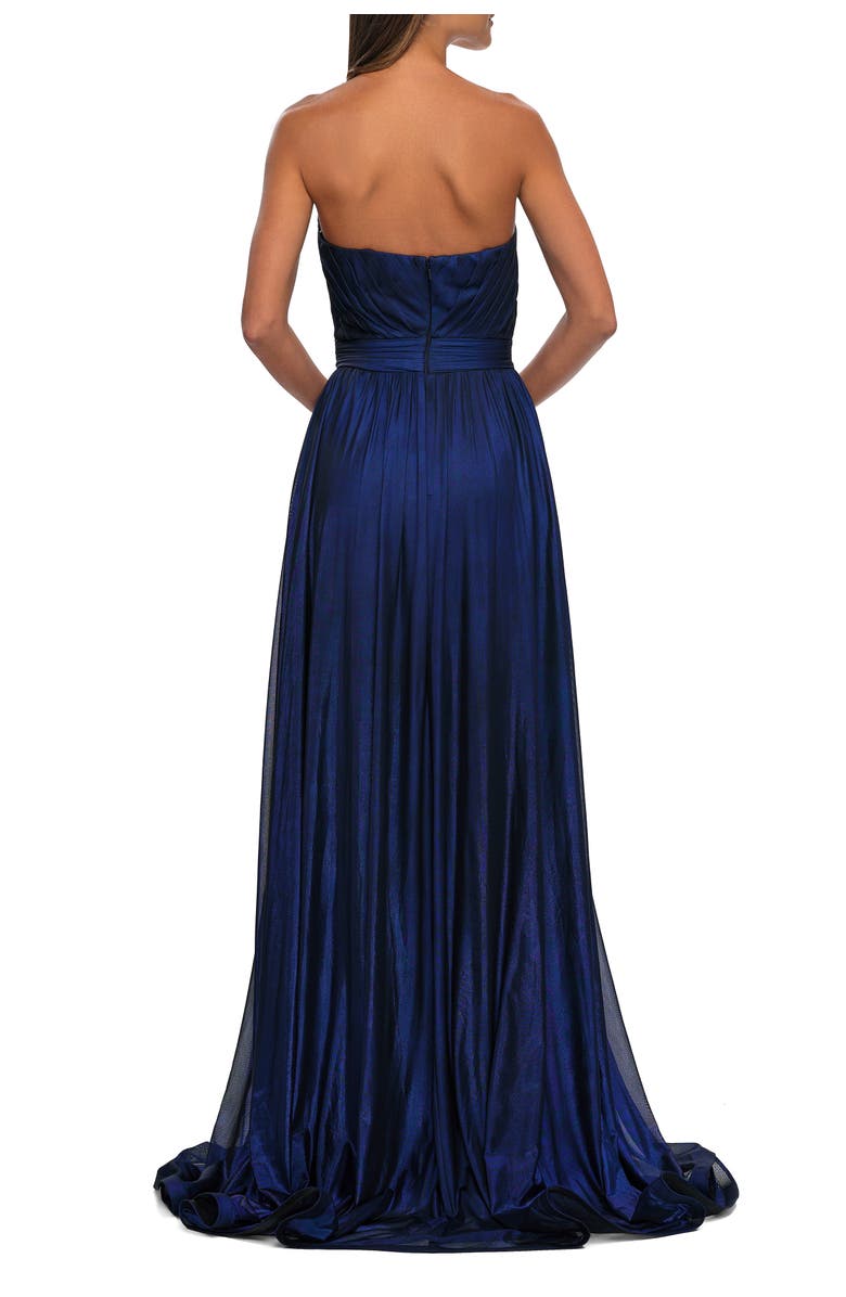 La Femme Flowy Metallic Net Jersey Prom Dress with Intricate Ruched Bodice, Alternate, color, Royal Blue