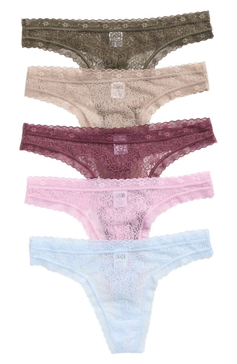 NORDSTROM RACK Assorted 5-Pack Lace Thongs, Alternate, color, Tan Meringue Multi