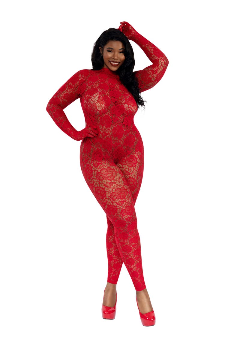 Floral Lace Seamless Bodystocking, Main, color, RED