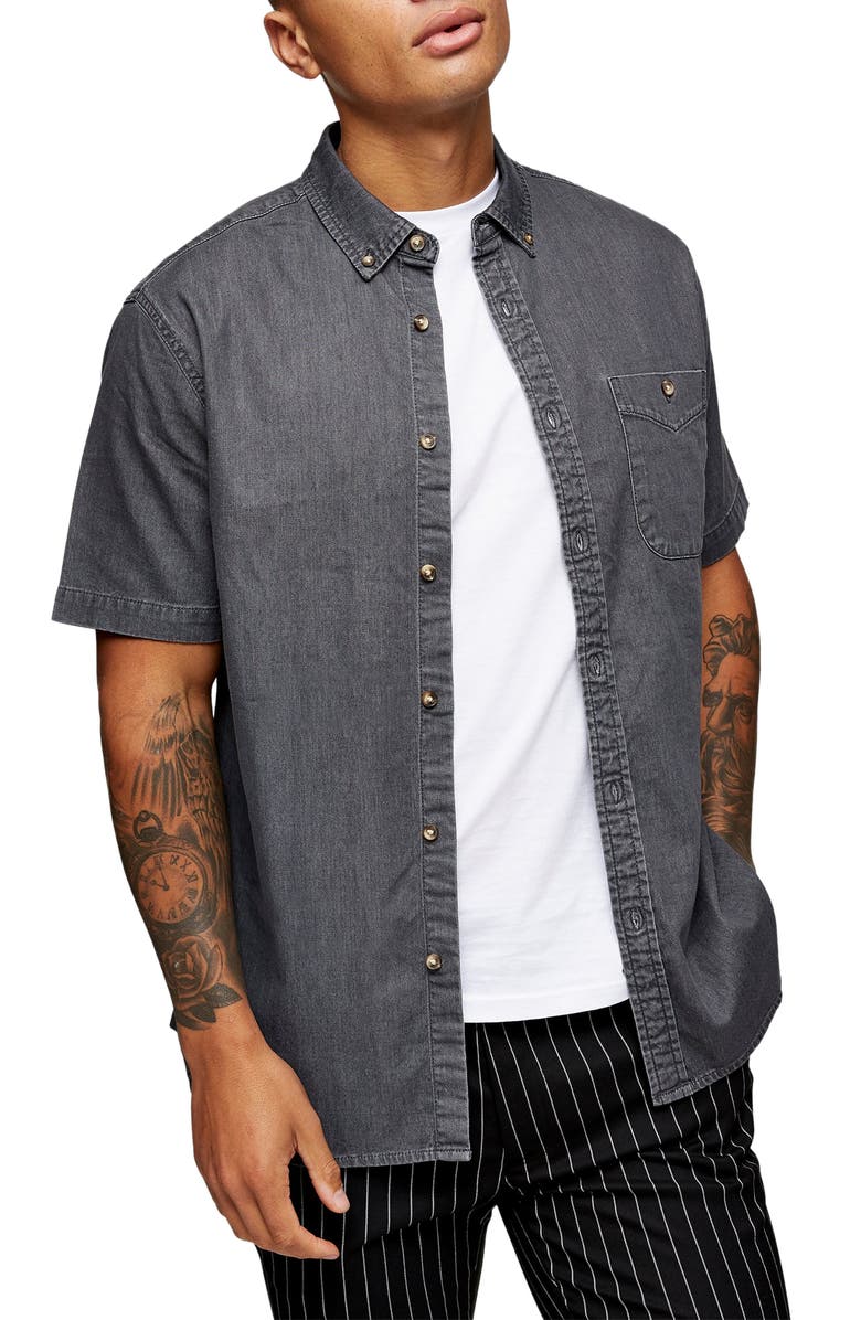 Topman Short Sleeve Button-Down Stretch Denim Shirt, Main, color,