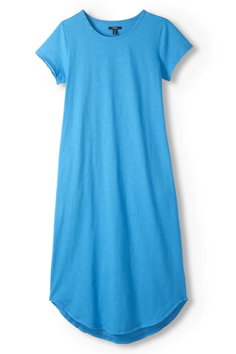 Azure Embroidered Raw Hem Cotton Midi T-Shirt Dress, Main, color, BLUE