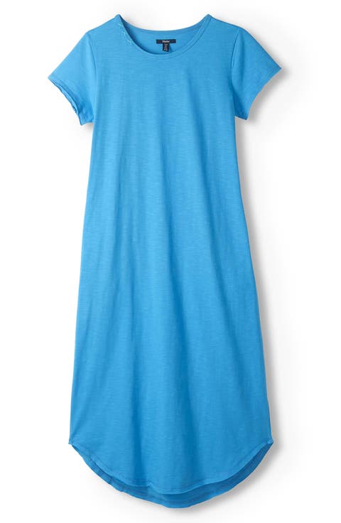 Azure Embroidered Raw Hem Cotton Midi T-Shirt Dress