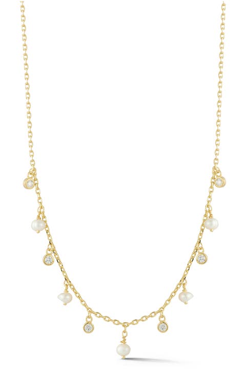 Cultured Pearl & Cubic Zirconia Charm Frontal Necklace