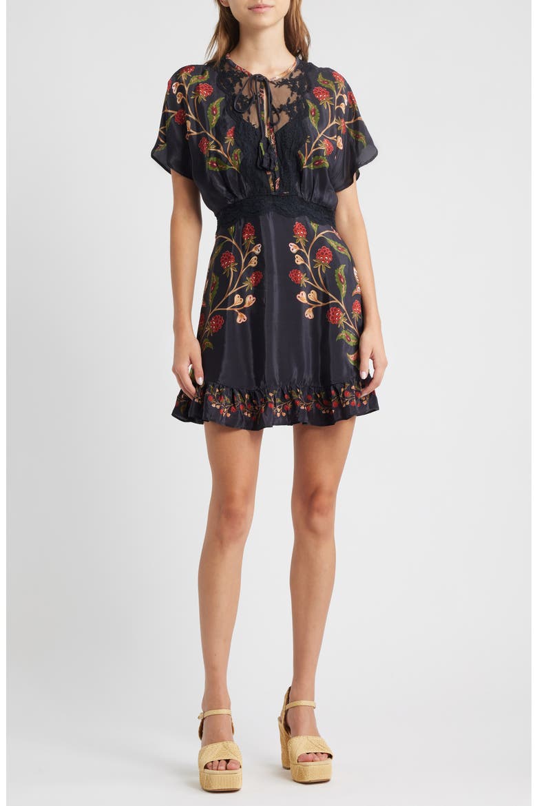 black berry garden mini dress FARM Rio Embroidered Satin Minidress (Women) Best Sellers NH Week 21 Silver Jeweled Accent Low Color:White Multi perfect for embracing warm