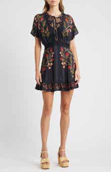 FARM Rio Berry Garden Embroidered Satin Minidress