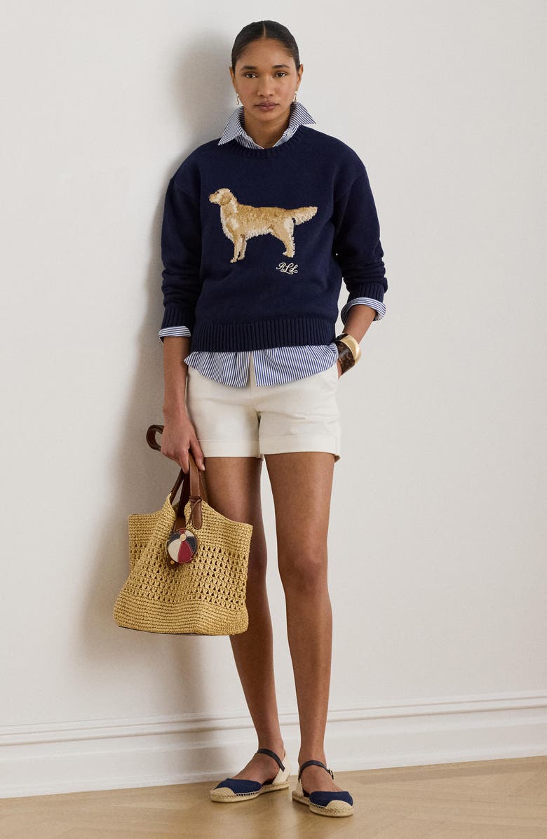 Lauren Ralph Lauren Golden Retriever Intarsia Cotton Sweater, Alternate, color, Refined Navy Blue/ Multi