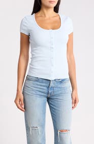 Abound Short Sleeve Ribbed Button Front Top