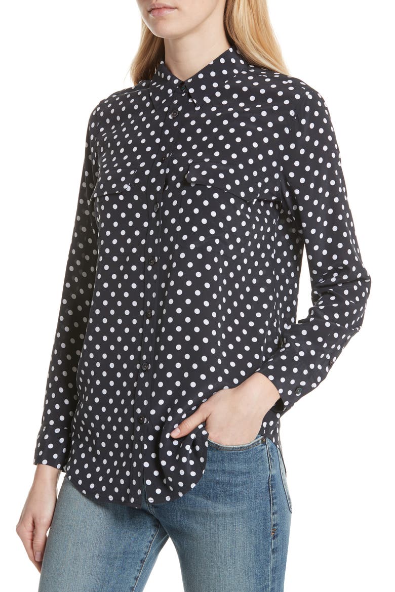 Slim Signature Polka Dot Silk Shirt, Alternate, color, ECLIPSE/ BRIGHT WHITE