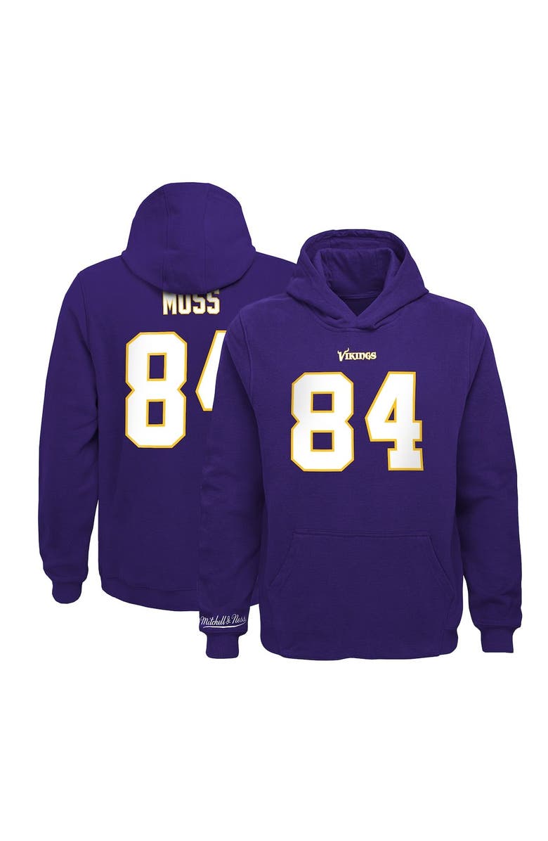 Mitchell & Ness Youth Mitchell & Ness Randy Moss Black Minnesota Vikings Retired Player Name & Number Fleece Pullover Hoodie, Main, color,