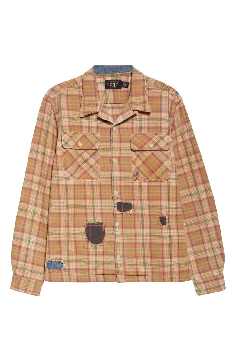 Double RL Plaid Rip & Repair Cotton Twill Button-Up Overshirt, Alternate, color, Rl-719 Orange Multi