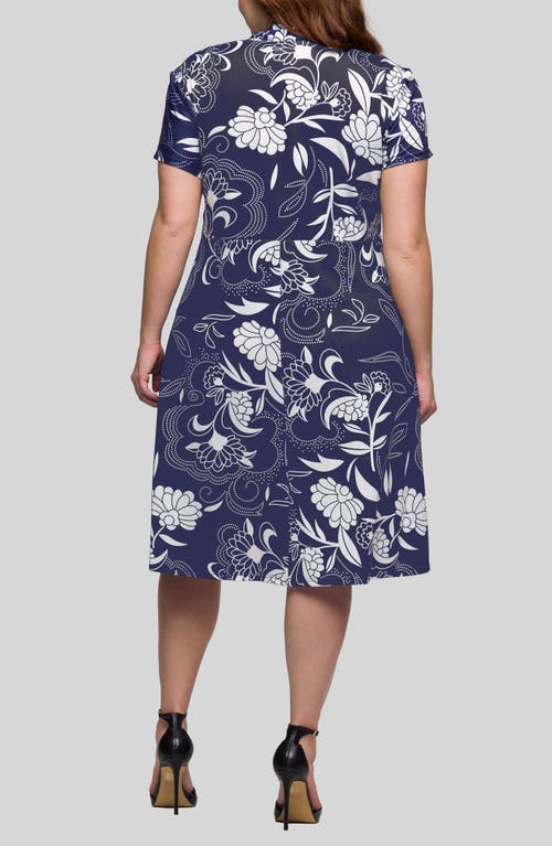 24seven Comfort Apparel Plus Size Print Short Sleeve Knee Length V-neck Wrap Dress In Navy Multi