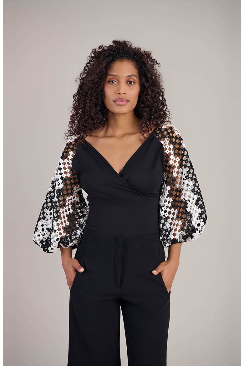 Women's  Mirella Black V-Neck Top With Sheer Mesh Sleeves, Alternate, color, Black